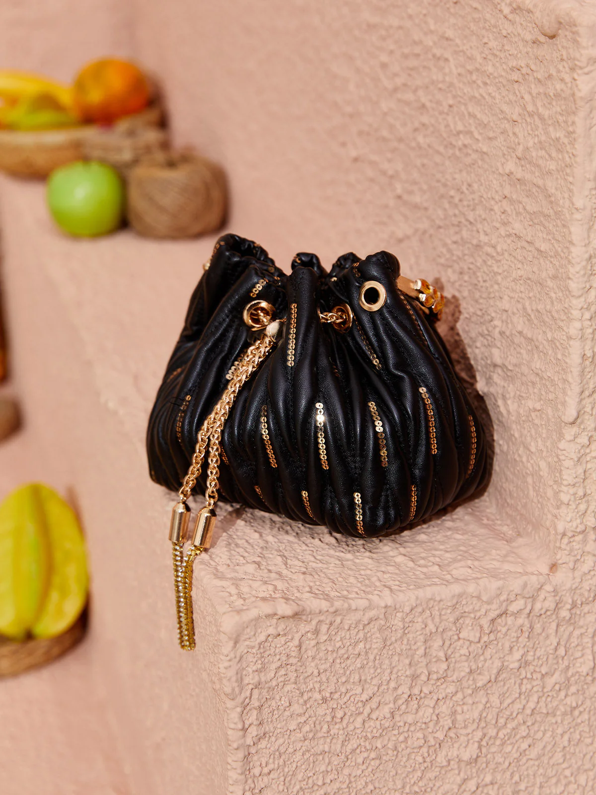 Mattea Leather Sequin Bucket Bag In Black - Image 5