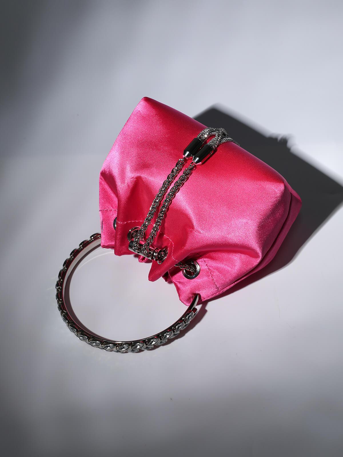 Mattea Satin Crystal Embellished Bucket Bag In Hot Pink - Image 6