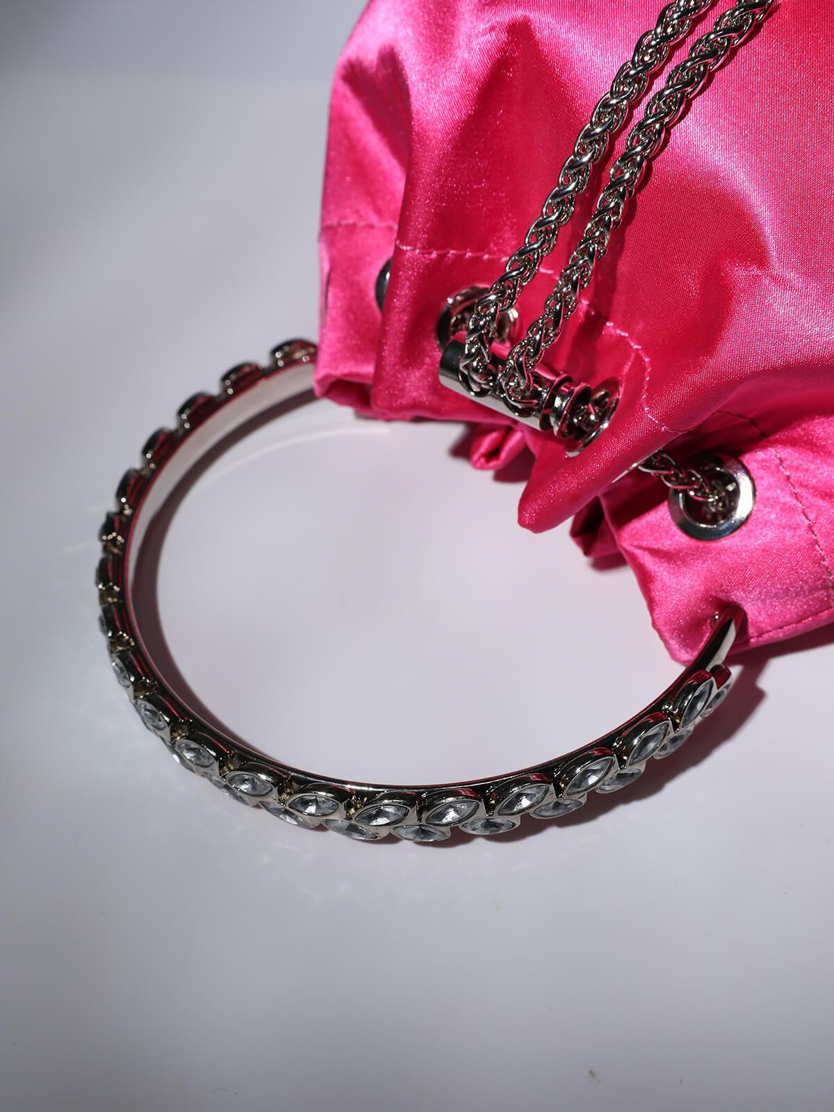 Mattea Satin Crystal Embellished Bucket Bag In Hot Pink - Image 7