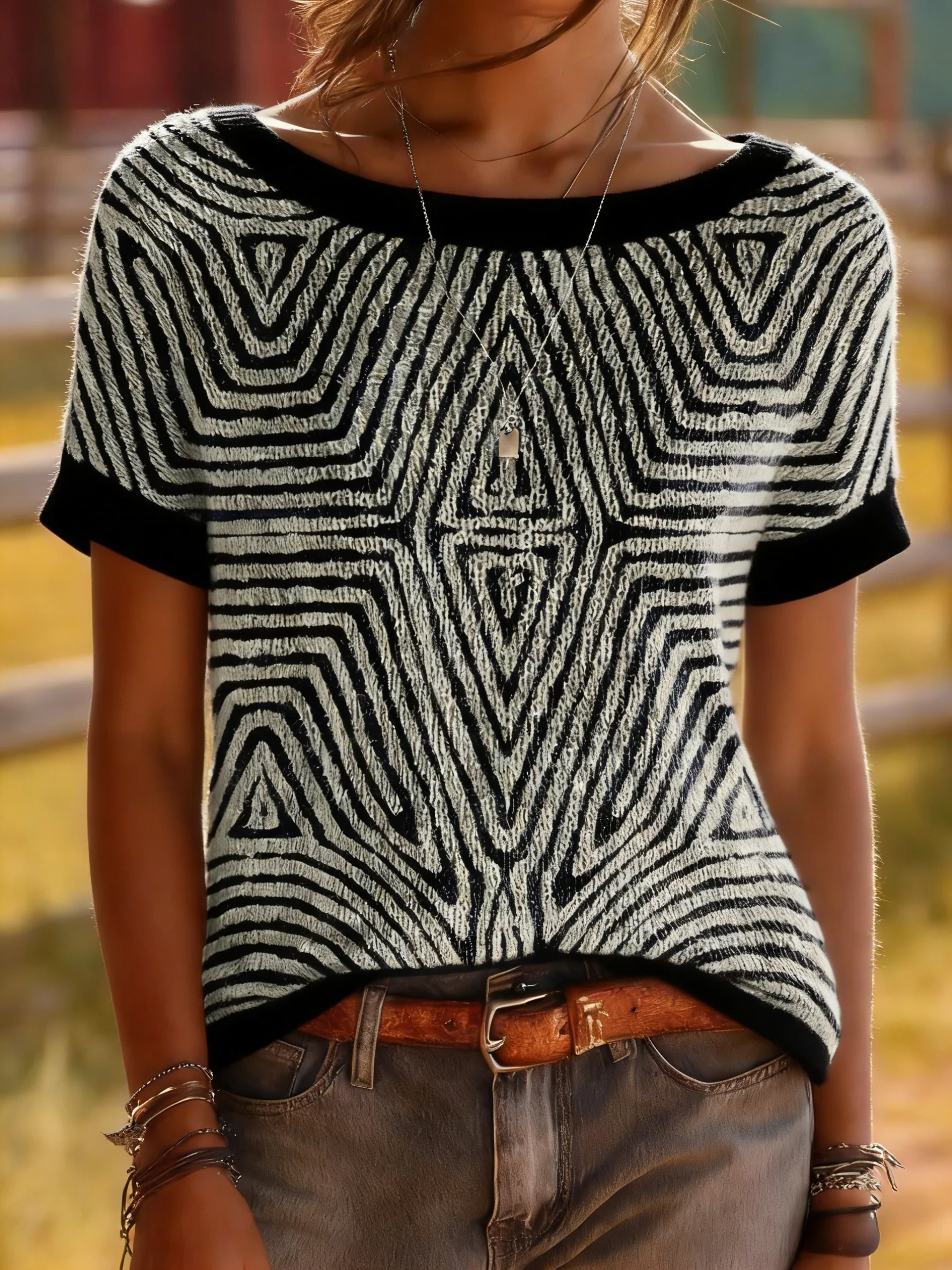 Maze Print Short Sleeve Knit Top - Bold Geometric Pattern Tee