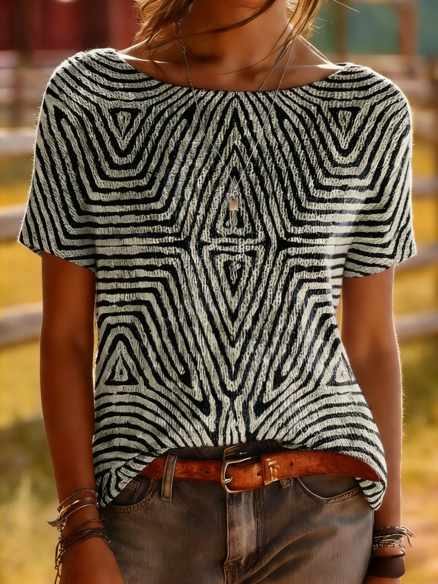 Maze Print Short Sleeve Knit Top - Bold Geometric Pattern Top