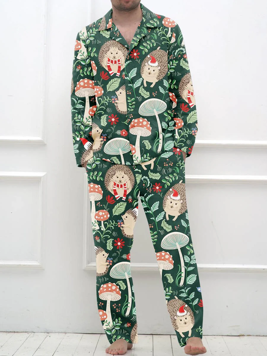 Men's Christmas Fun Hedgehog Mushroom Pattern Long Sleeve Pants Suit - Image 2