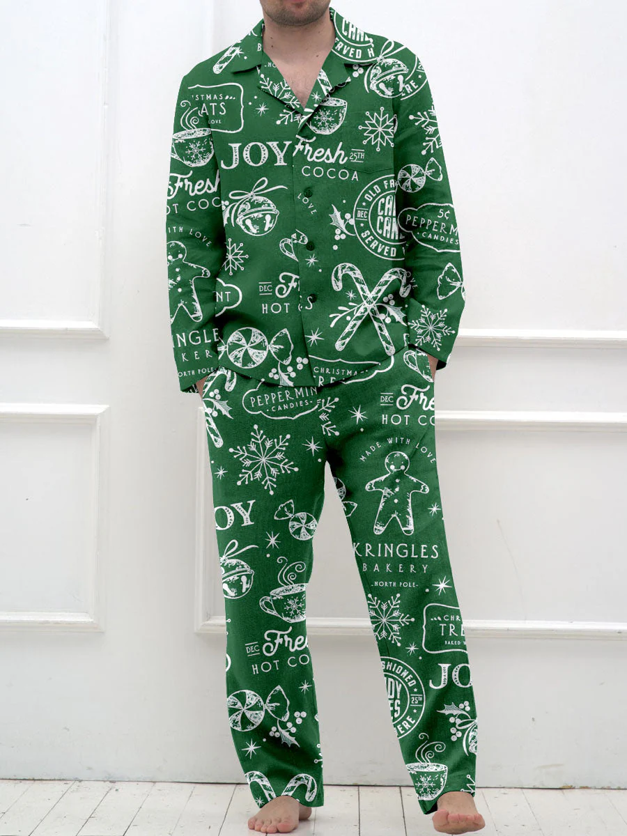 Men's Retro Christmas Print Long Sleeve Pants Pajama Set - Image 5