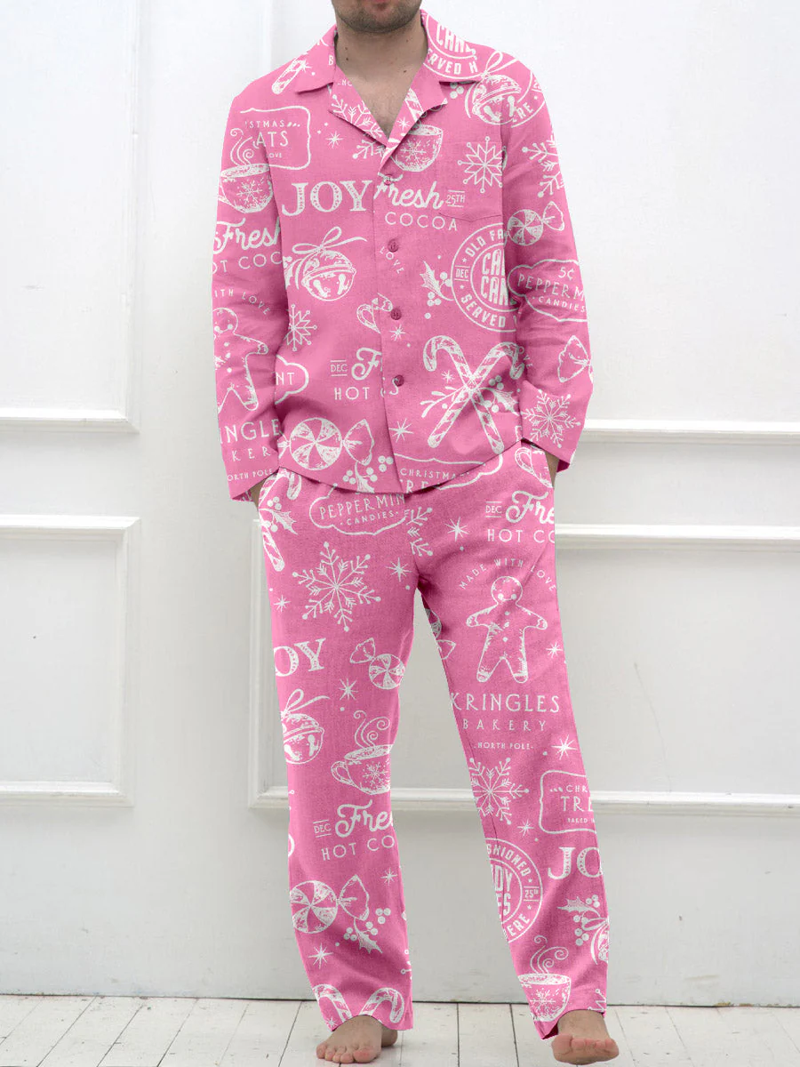 Men's Retro Christmas Print Long Sleeve Pants Pajama Set - Image 6
