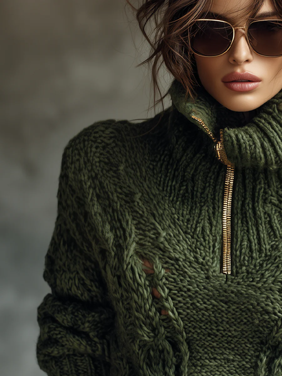 Metal Zip-up Collar Cable-knit Sweater - Image 2