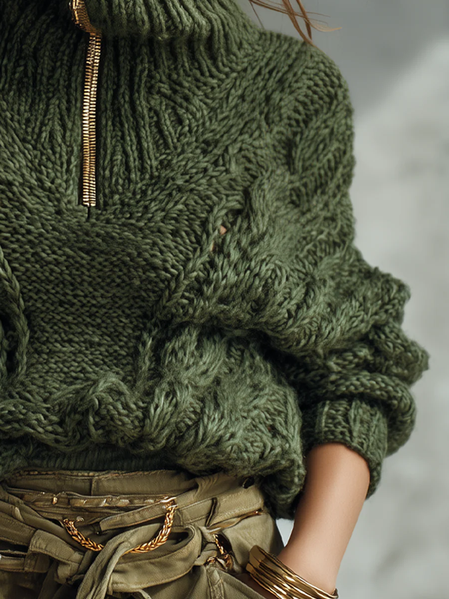 Metal Zip-up Collar Cable-knit Sweater - Image 5