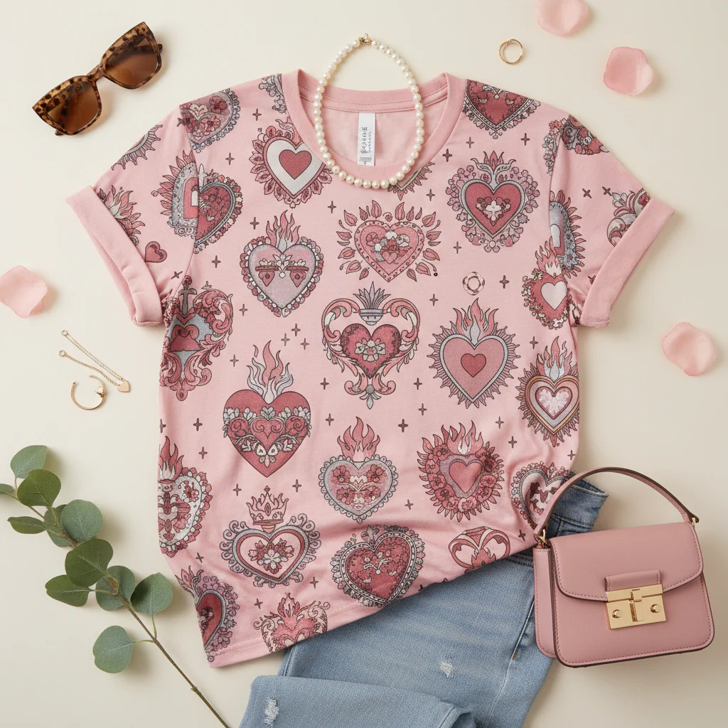 Mexican Sacred Hearts Print Short Sleeve T-Shirt - Blush Pink Valentine's Edition