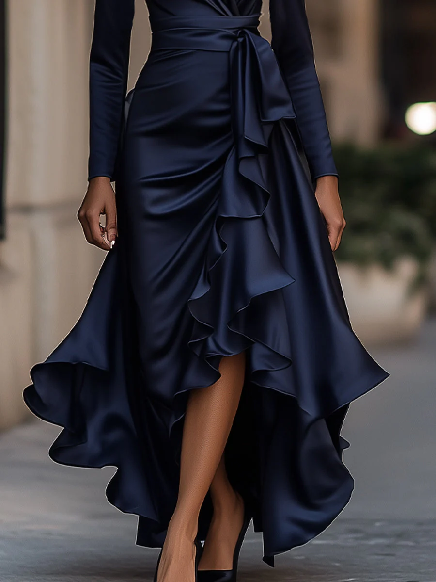 Midnight Blue Draped Satin Maxi Dress With Ruffle Details - Image 3