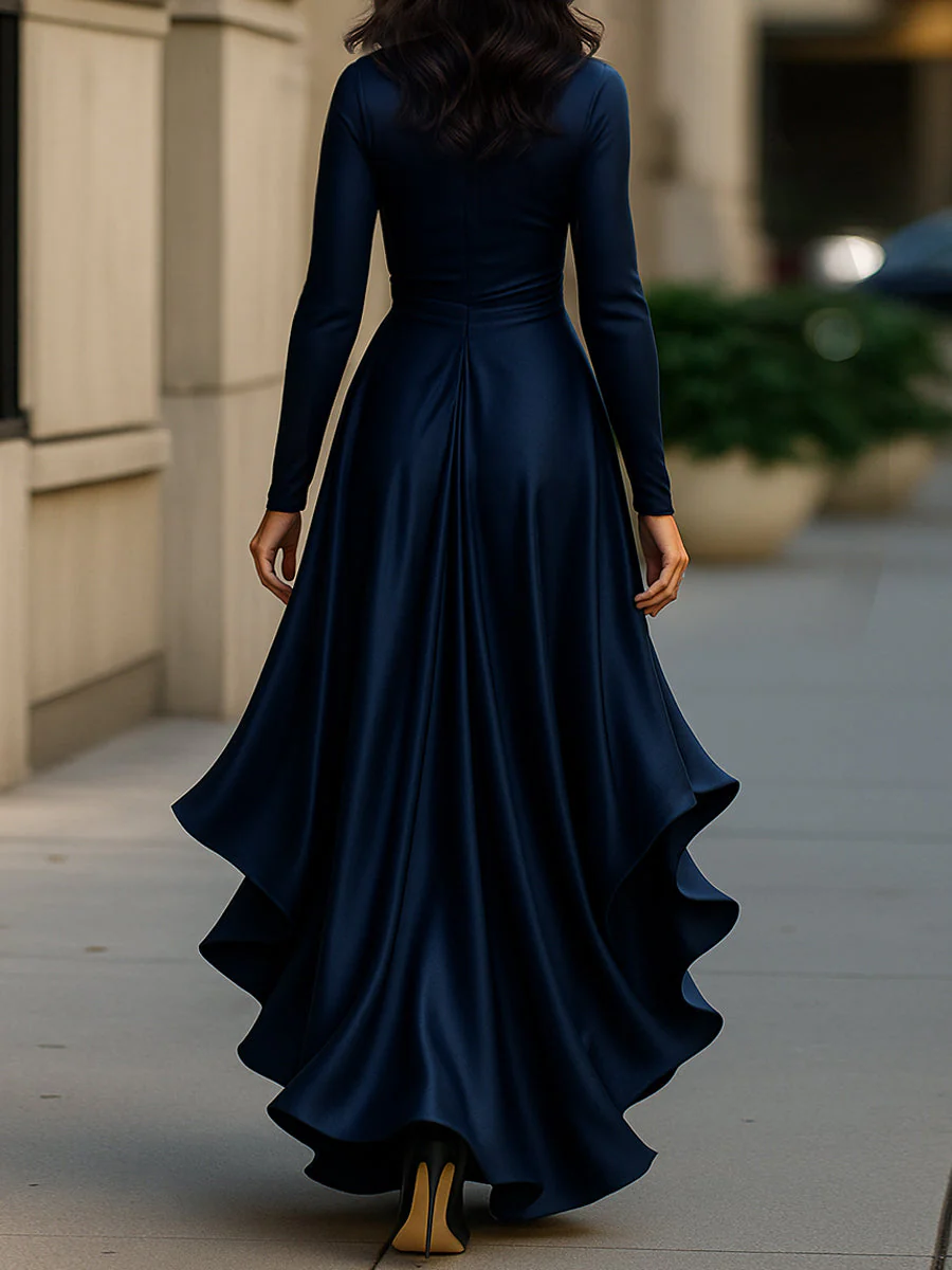 Midnight Blue Draped Satin Maxi Dress With Ruffle Details - Image 4