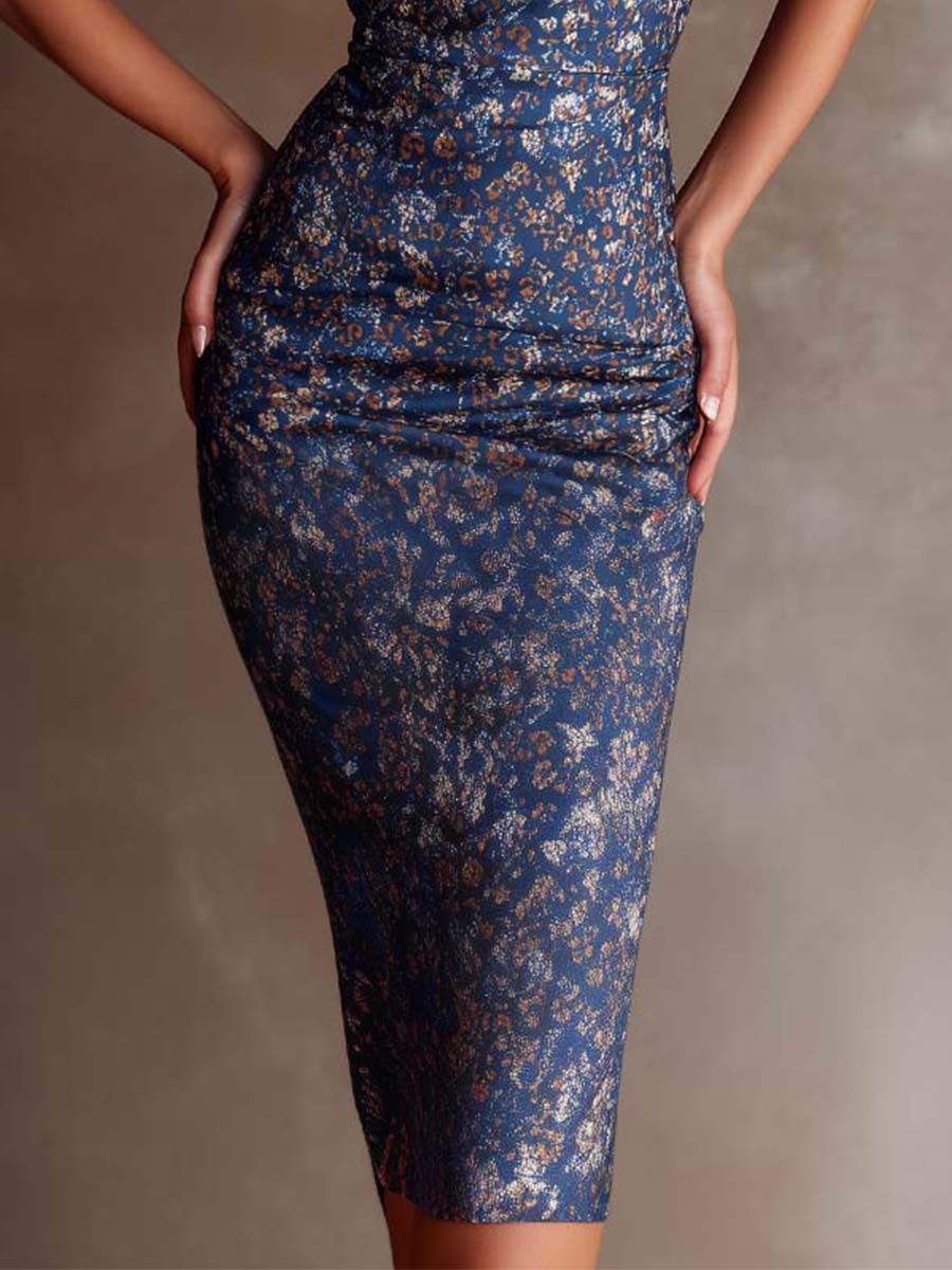 Midnight Blue Metallic Stretch Halter Midi Dress - Image 3