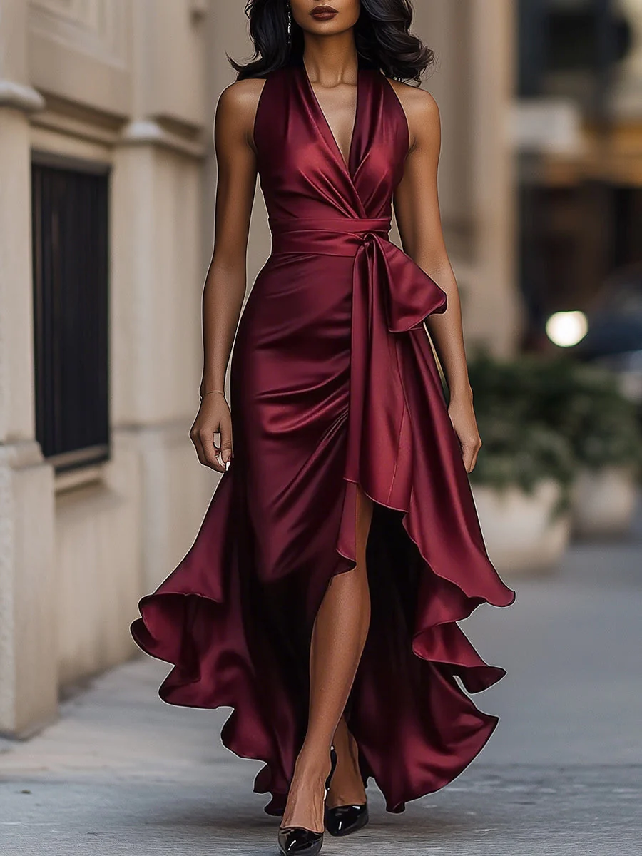 Midnight Elegance Satin Halter Ruffle Gown - Image 6