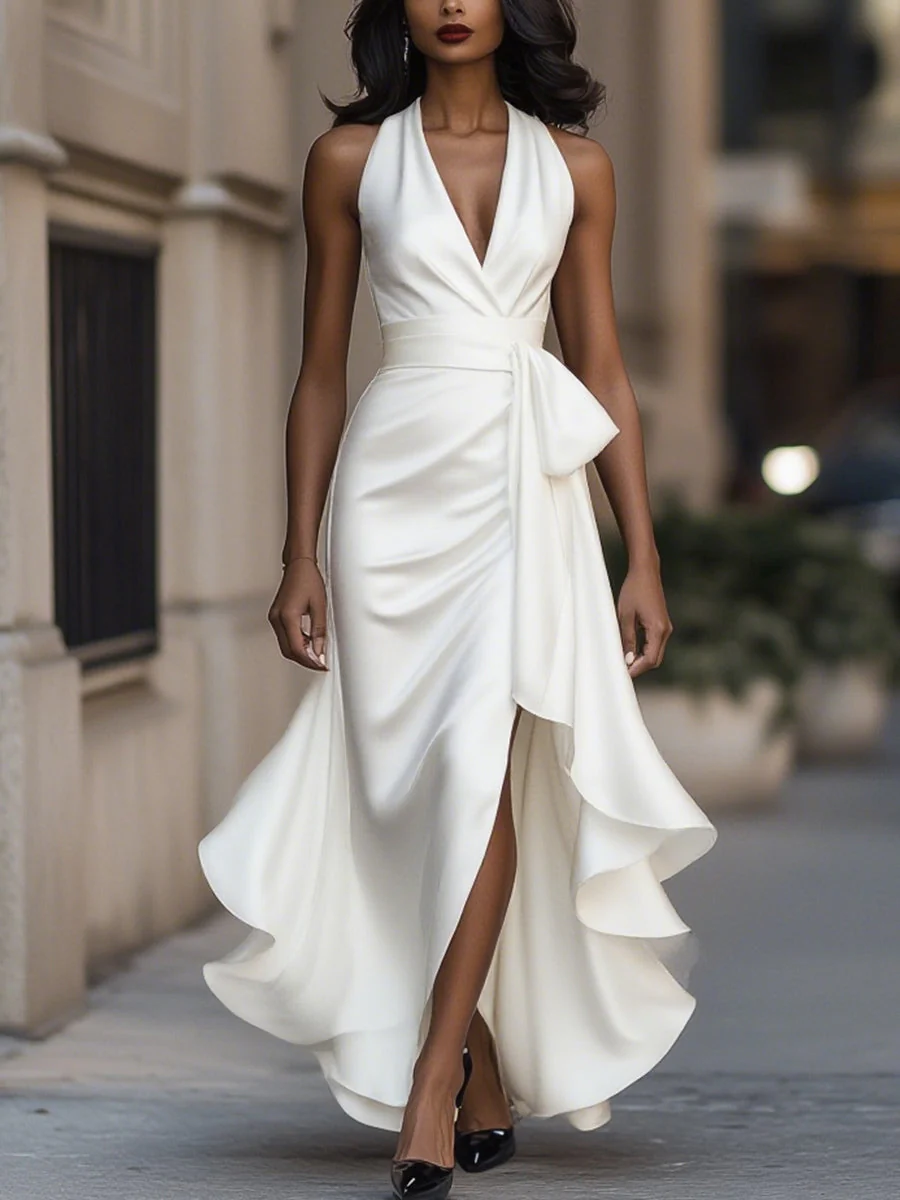 Midnight Elegance Satin Halter Ruffle Gown - Image 7