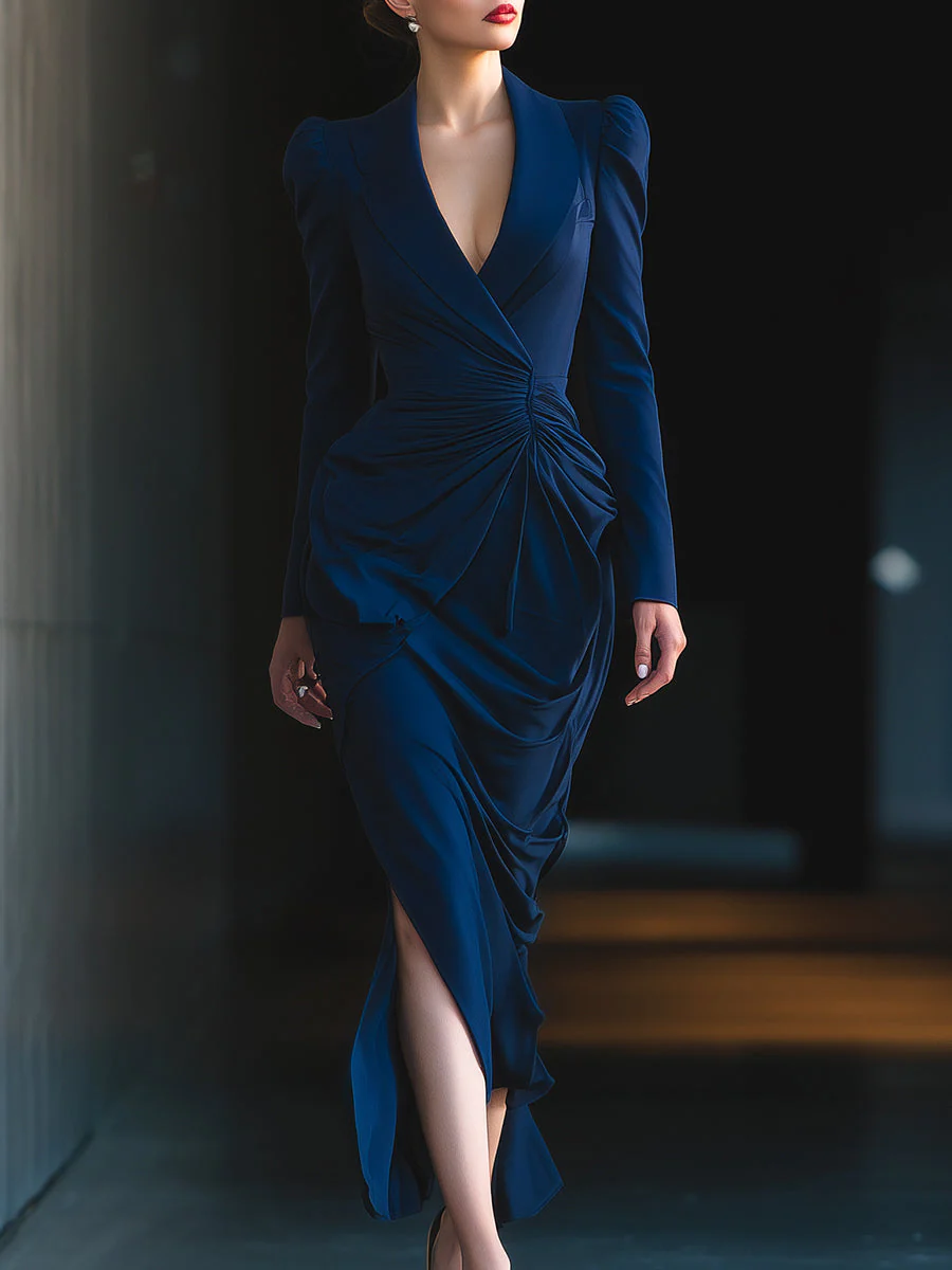 Midnight Navy Draped Wrap Dress With Structured Shoulders