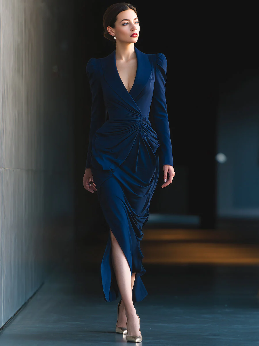Midnight Navy Draped Wrap Dress With Structured Shoulders - Image 2