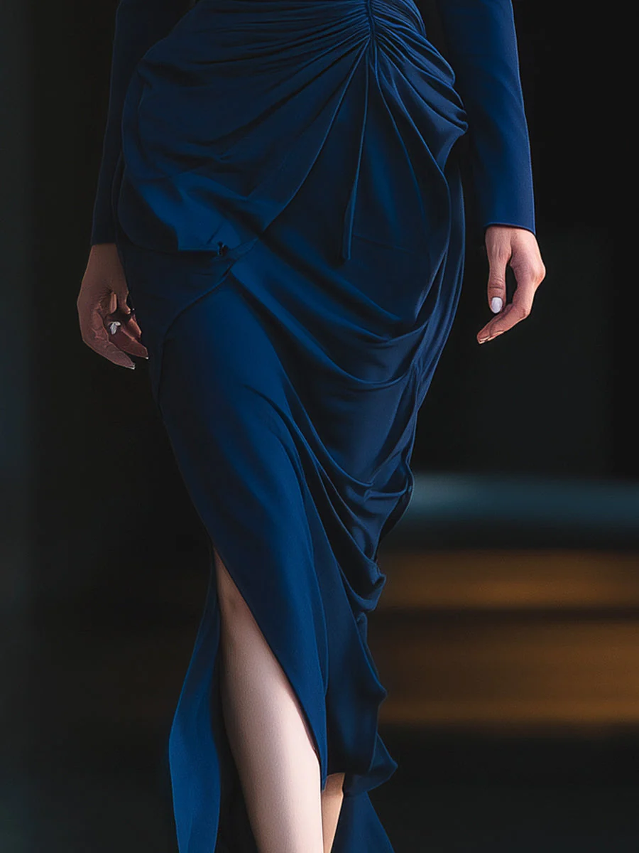 Midnight Navy Draped Wrap Dress With Structured Shoulders - Image 4