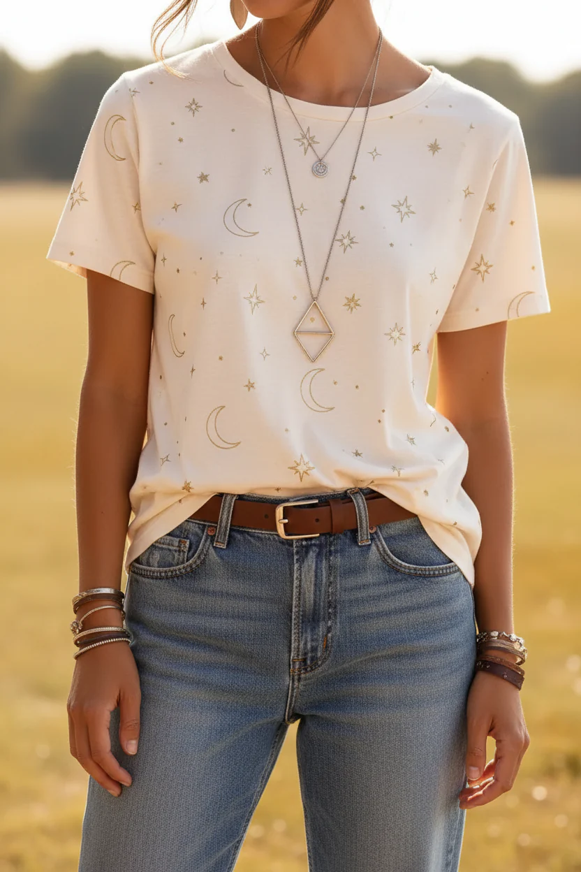 Minimalist Celestial Star & Moon Print T-Shirt - Modern Line Art Tee