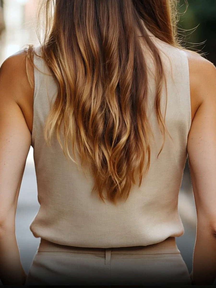 Minimalist High-Collar Sleeveless Linen Blouse - Image 2