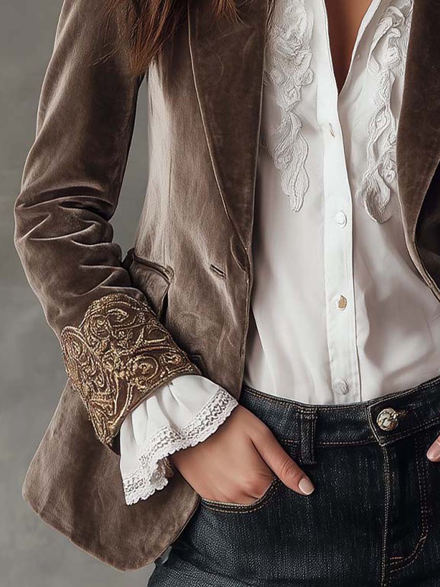Mink Taupe Embroidered Polyester Velvet Blazer - Image 3