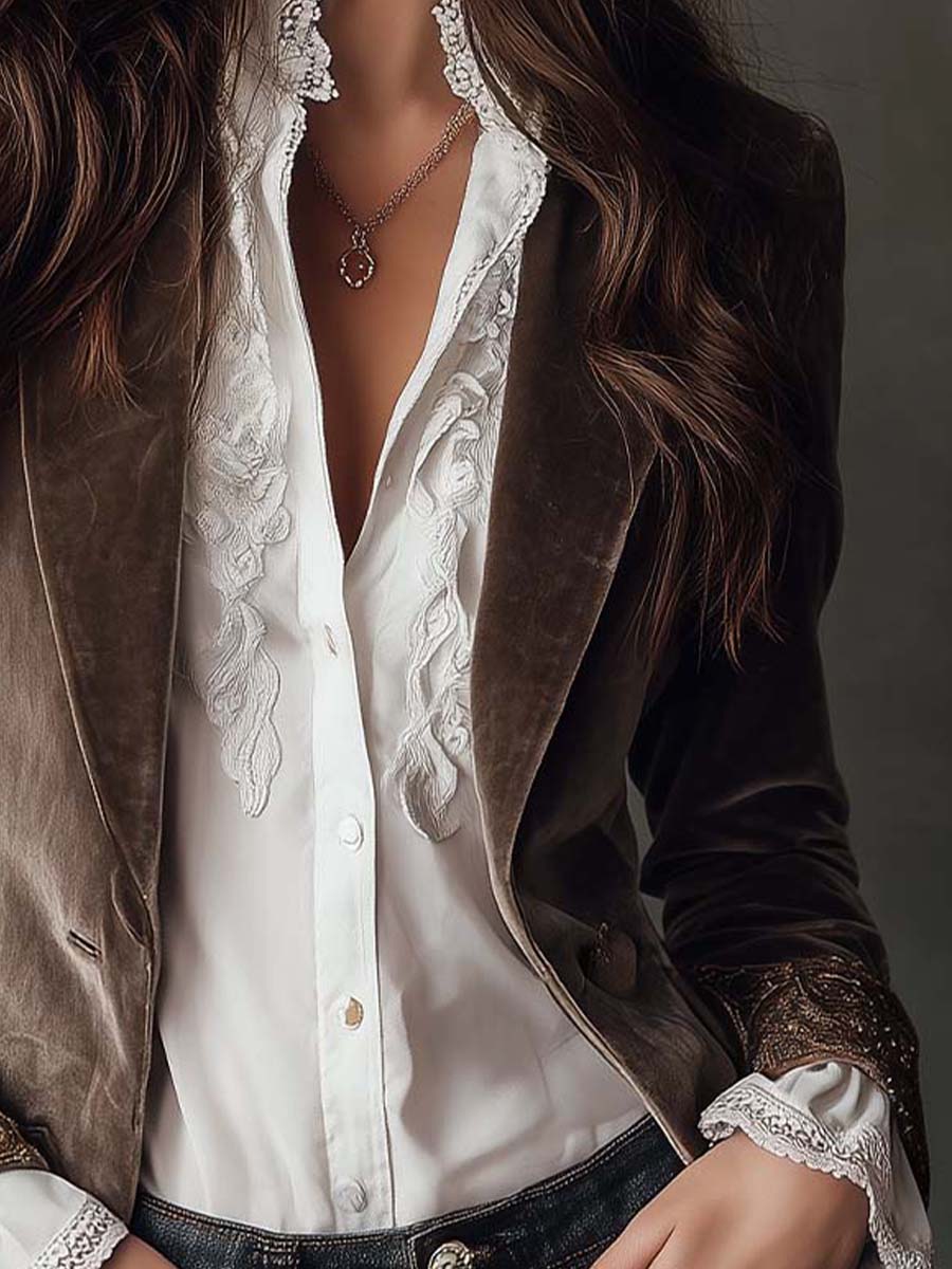 Mink Taupe Embroidered Polyester Velvet Blazer - Image 4