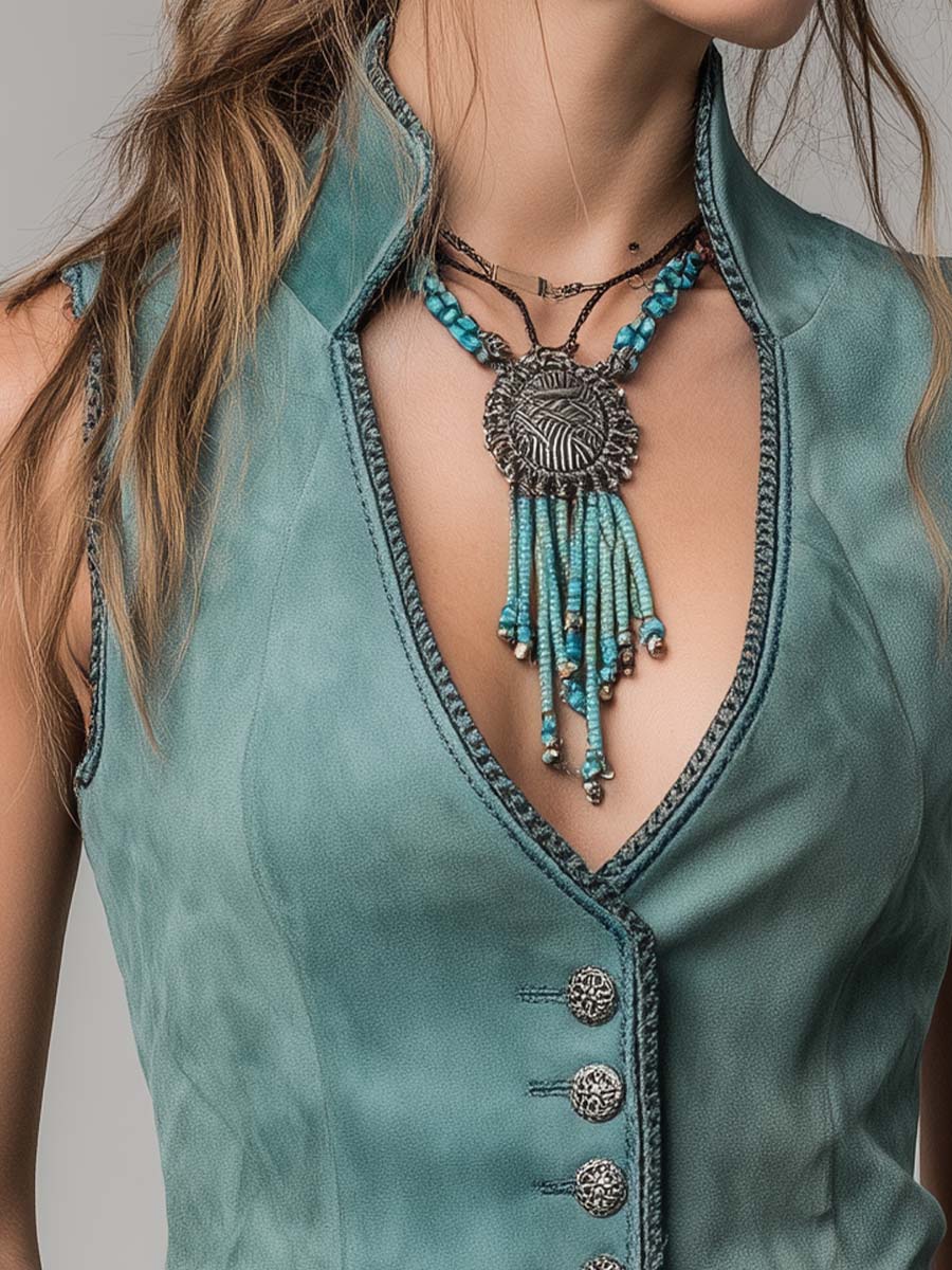 Mint Green Microsuede Bohemian Fitted Vest - Image 2