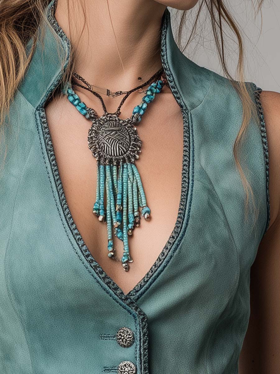 Mint Green Microsuede Bohemian Fitted Vest - Image 4