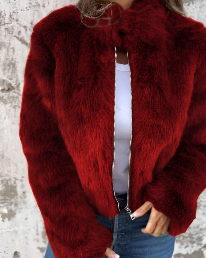 MIONA - High Collar Zipper Fluffy Jacket - Image 3