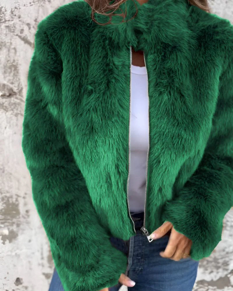 MIONA - High Collar Zipper Fluffy Jacket - Image 4