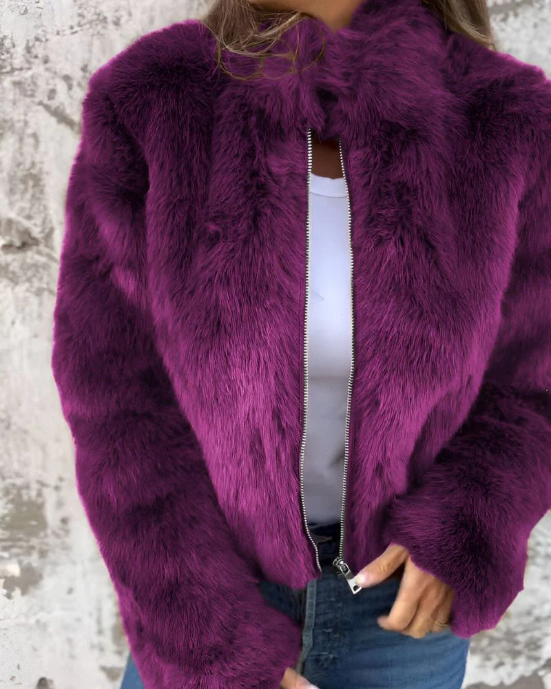 MIONA - High Collar Zipper Fluffy Jacket - Image 6