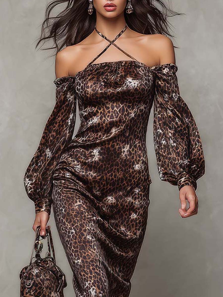 Mocha Leopard Stretch Satin Off-Shoulder Midi Dress - Image 2