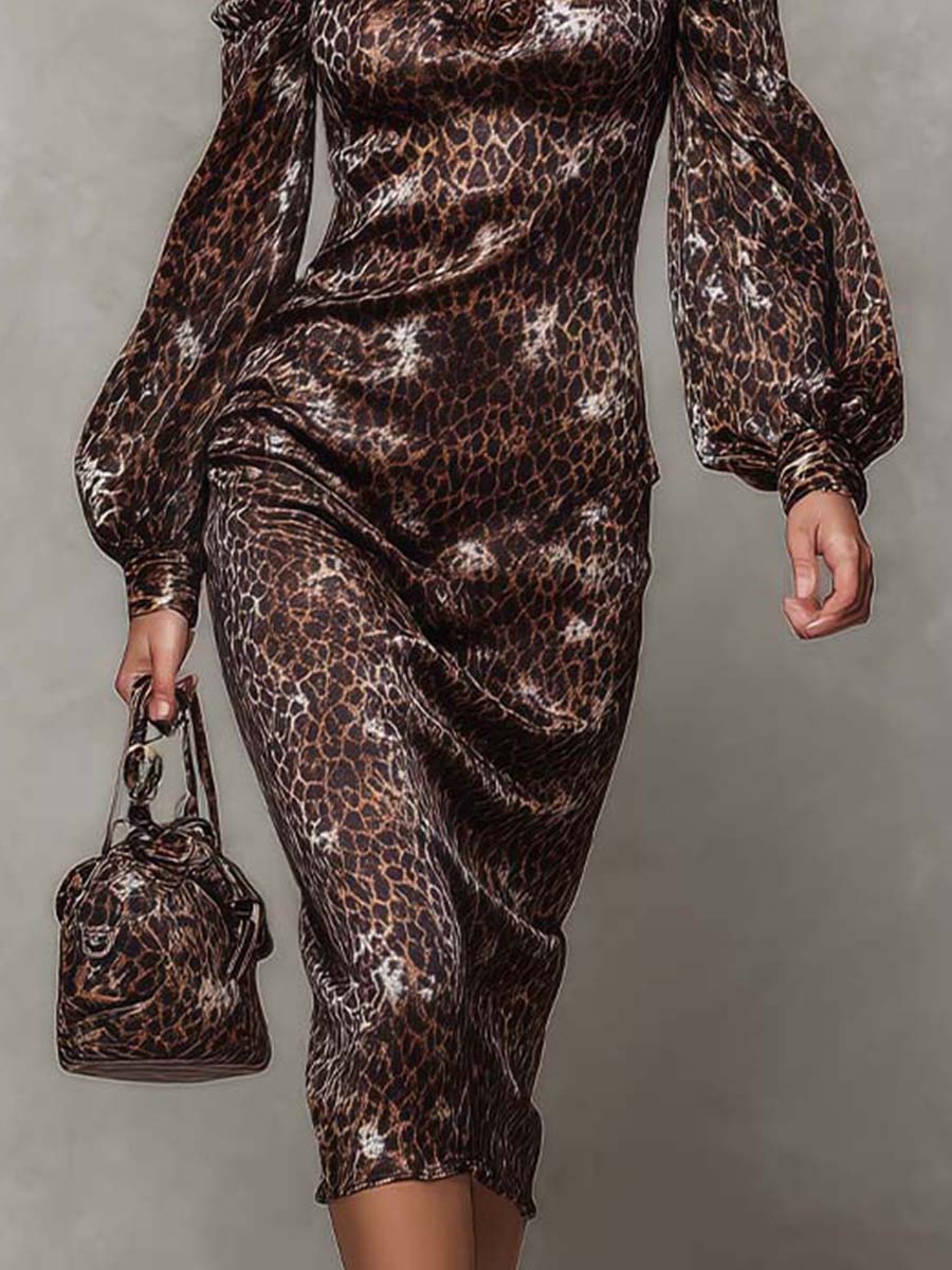 Mocha Leopard Stretch Satin Off-Shoulder Midi Dress - Image 3