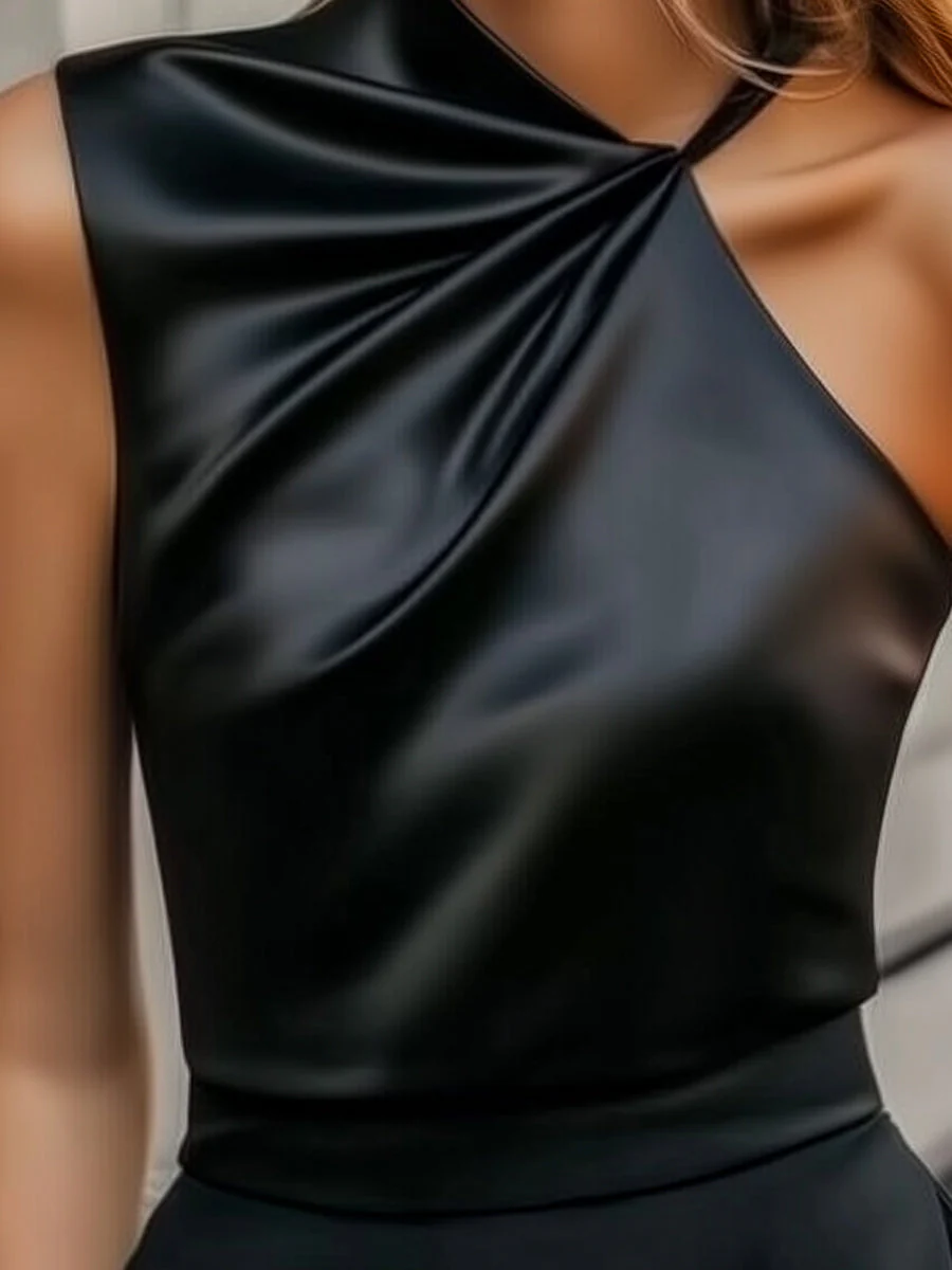 Modern Draped Satin Blouse with Single Strap Detail - Image 3