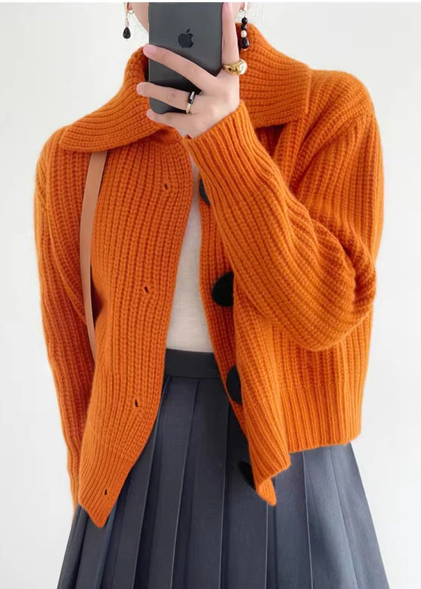 Modern Orange Peter Pan Collar Button Down Knit Cardigan Winter - Image 3