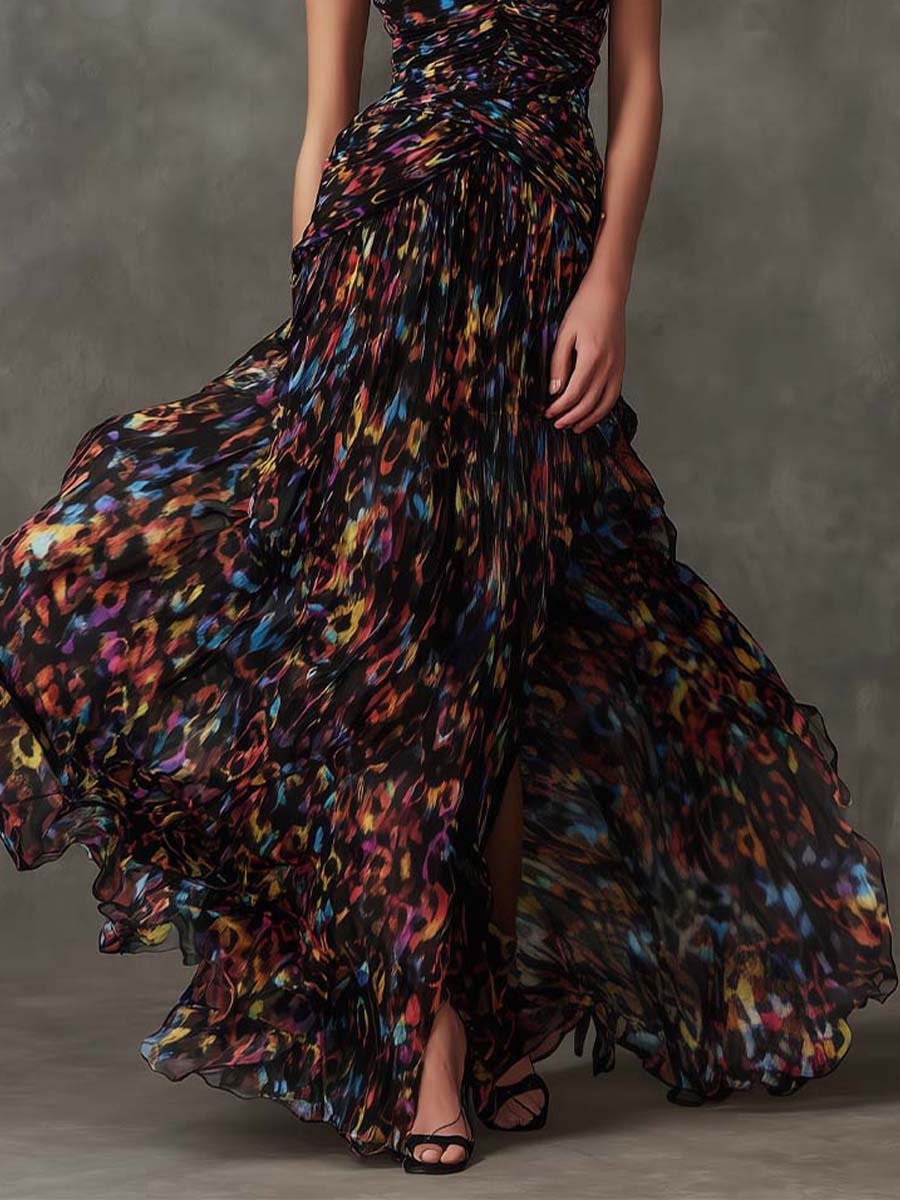 Multicolor Abstract Chiffon Pleated Maxi Dress - Image 3
