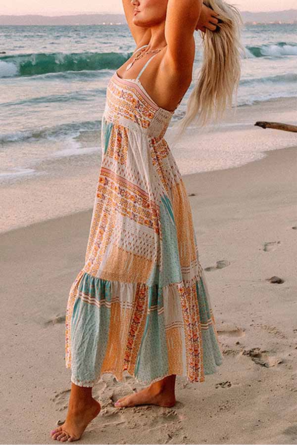 Multicolor Boho Patchwork Print Square Neck Sundress - Image 2