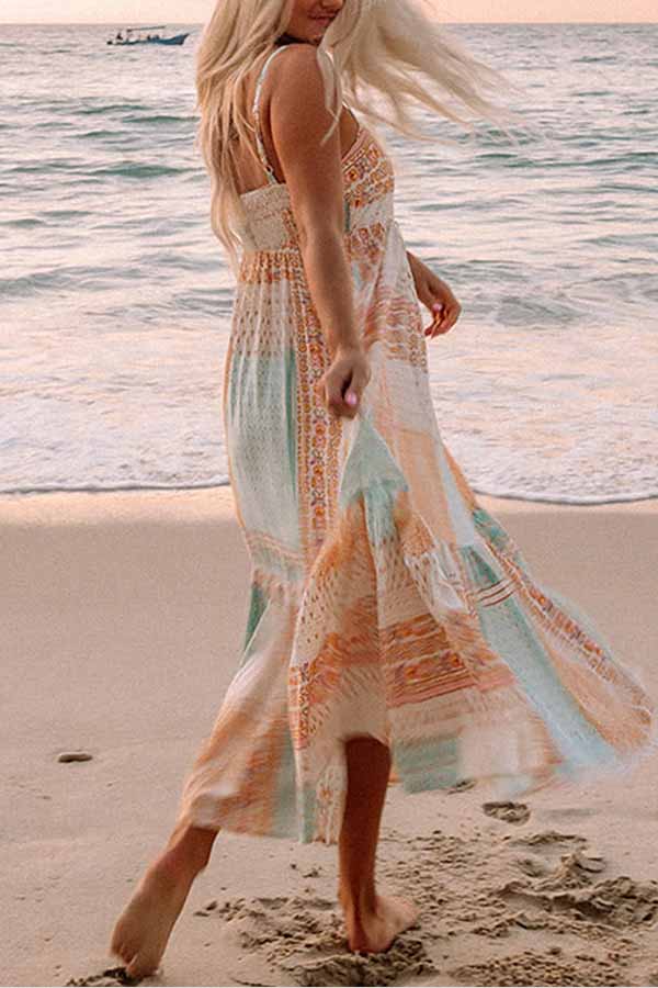 Multicolor Boho Patchwork Print Square Neck Sundress - Image 3