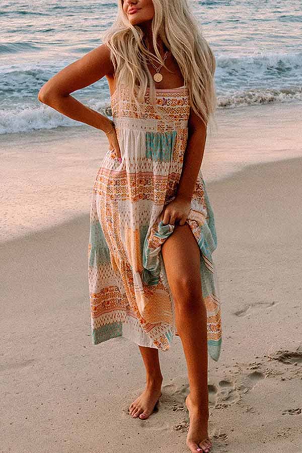 Multicolor Boho Patchwork Print Square Neck Sundress - Image 6