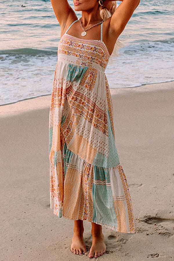 Multicolor Boho Patchwork Print Square Neck Sundress - Image 7