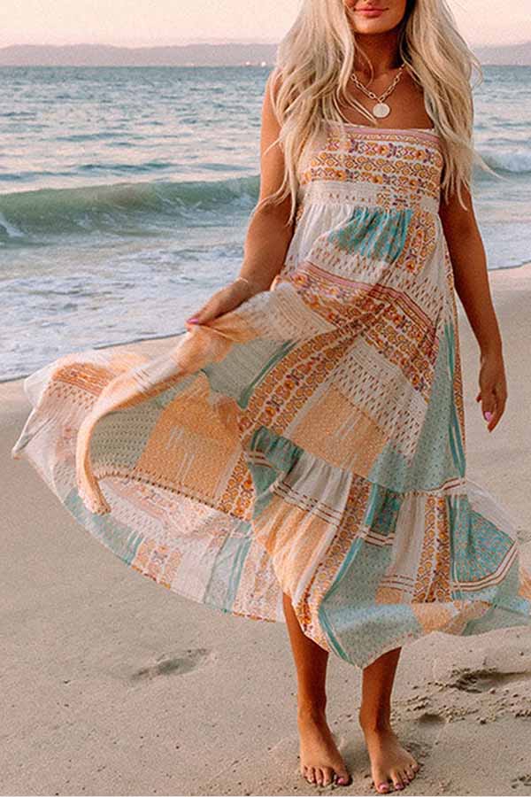 Multicolor Boho Patchwork Print Square Neck Sundress - Image 8