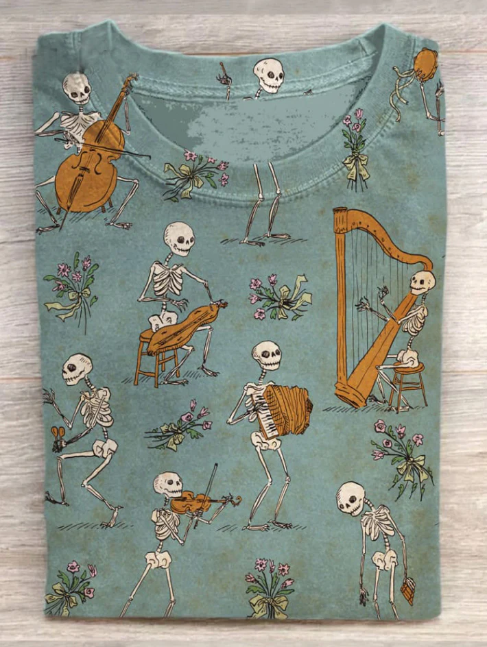 Musician Skeleton Printed Crew Neck Women's T-shirt