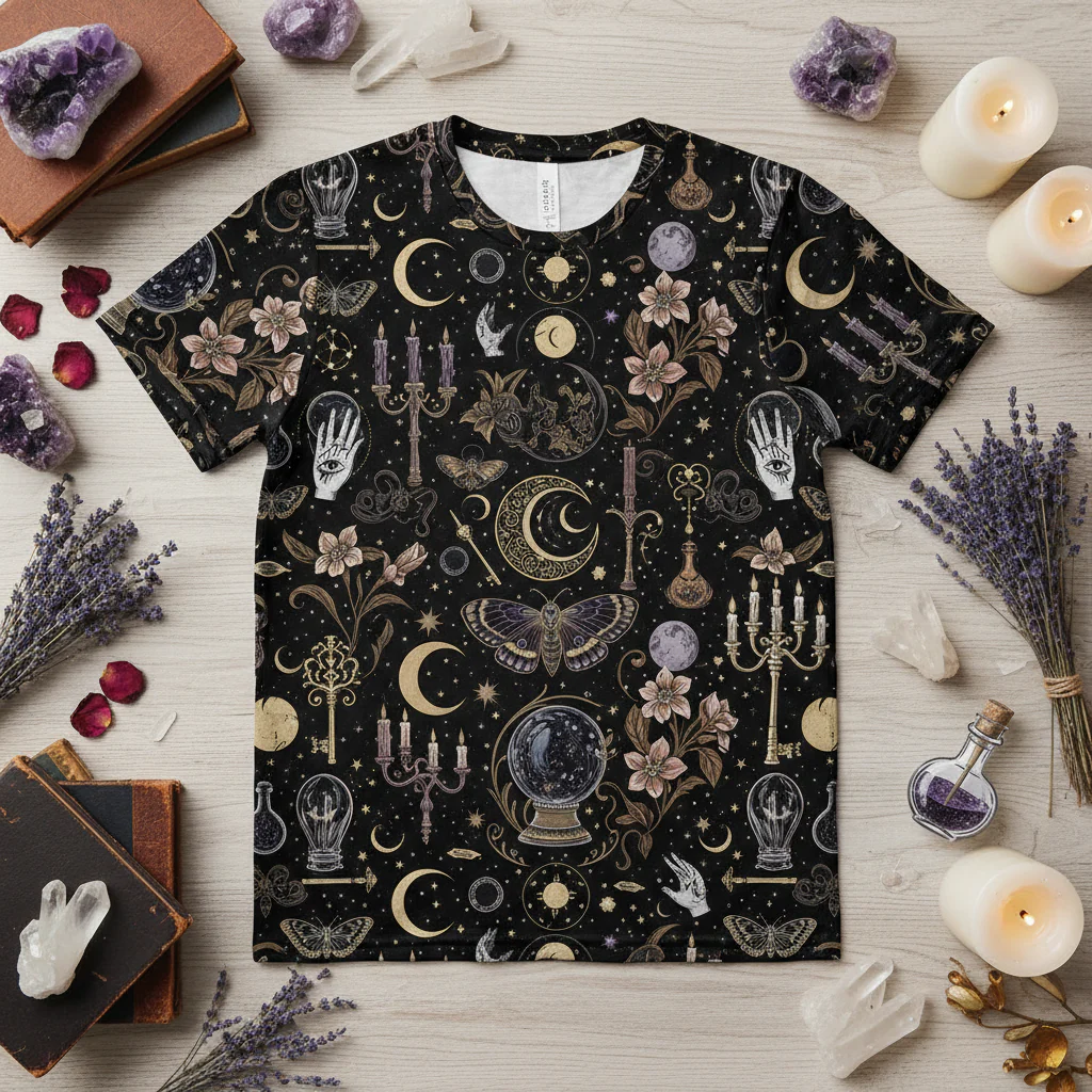 Mystical Celestial Print T-Shirt - Witchy Moon & Stars Tee