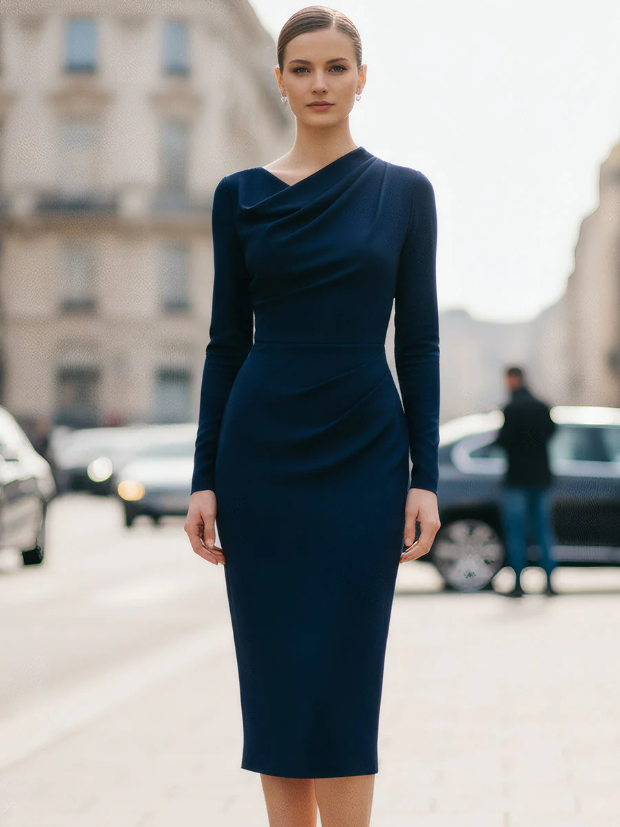 Navy Draped Midi Dress - Image 2