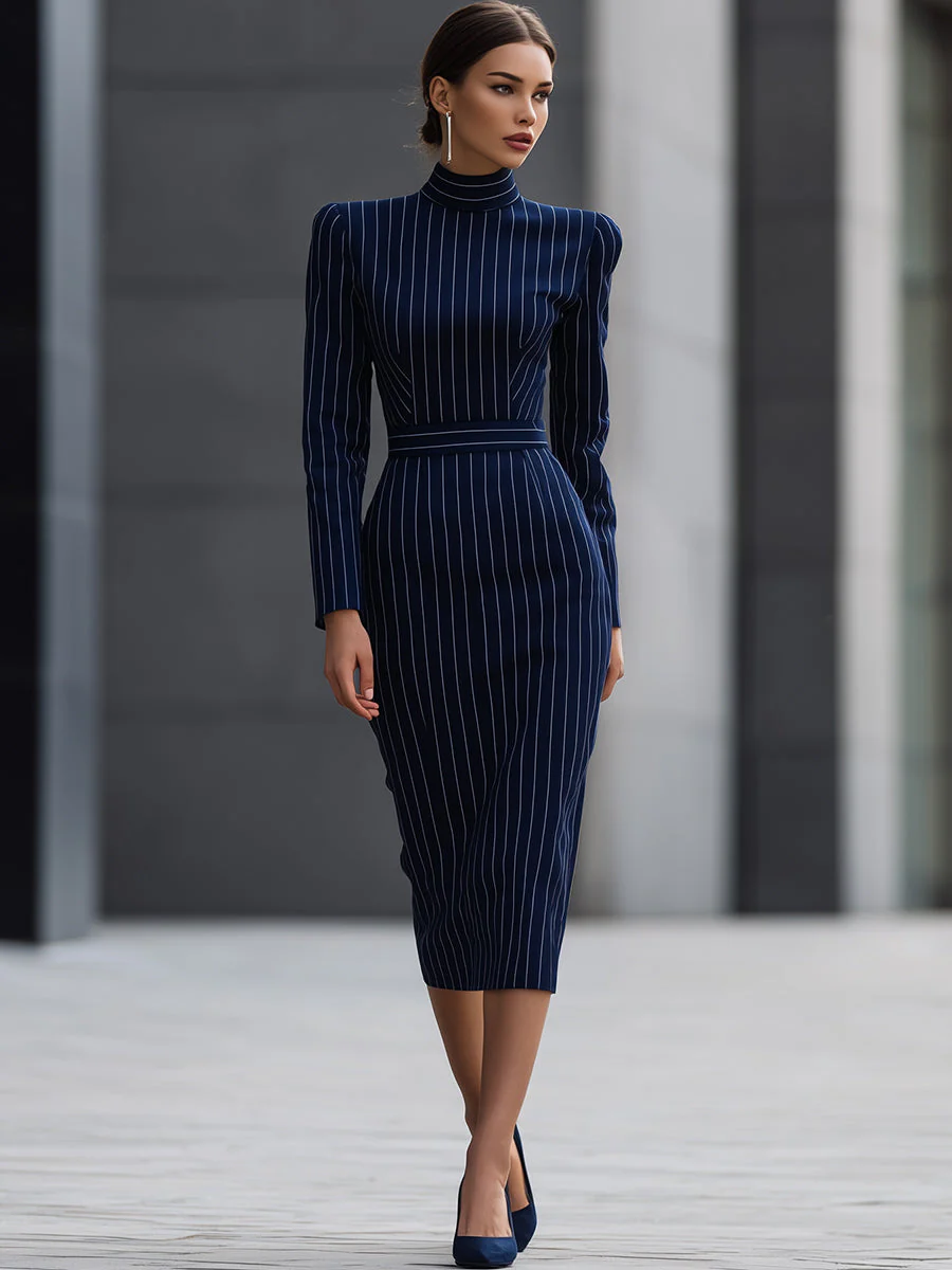 Navy Pinstripe High-Neck Midi Dress - Image 2