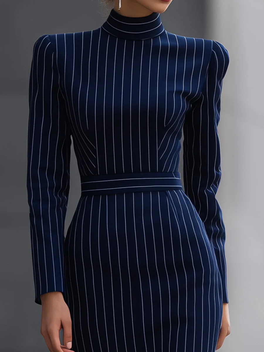 Navy Pinstripe High-Neck Midi Dress - Image 3