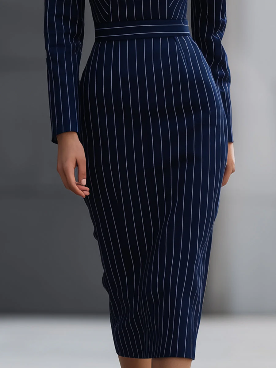 Navy Pinstripe High-Neck Midi Dress - Image 4