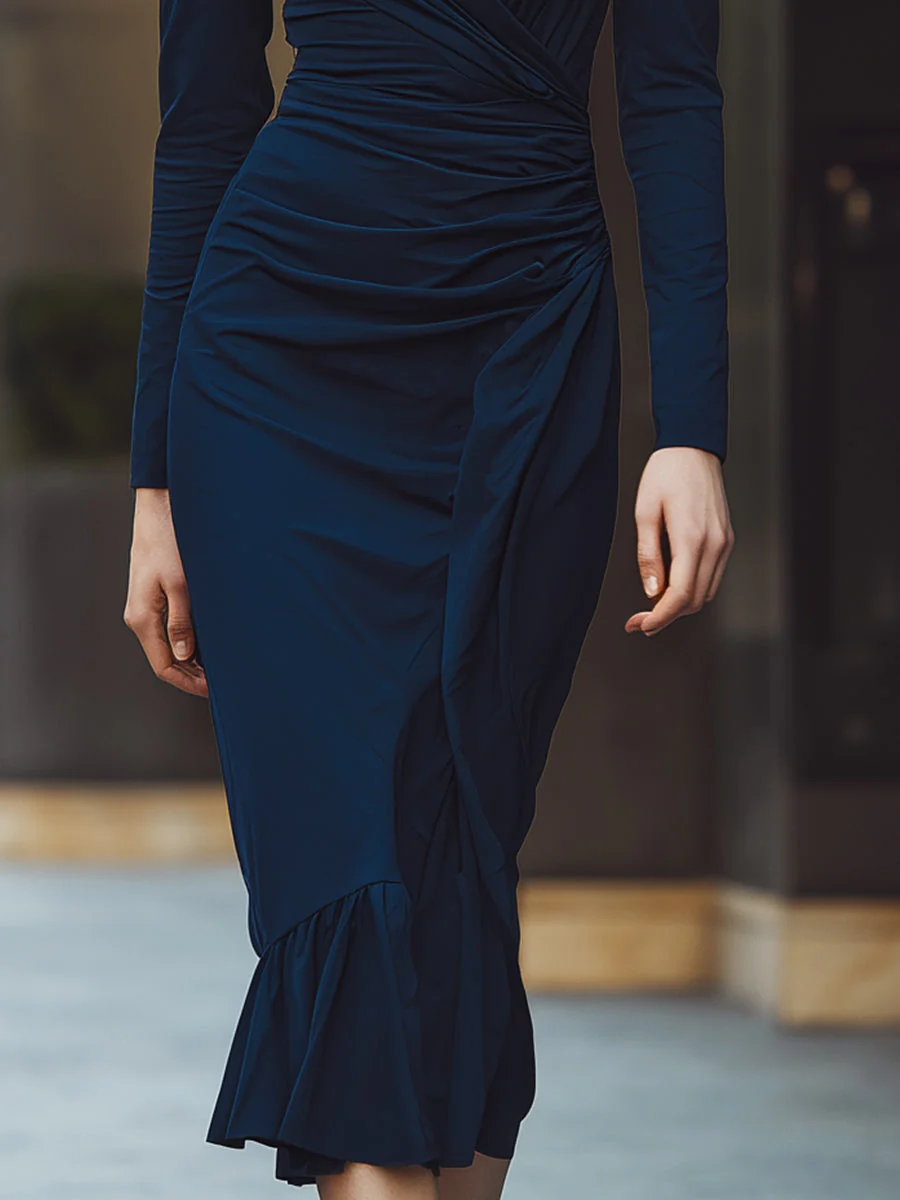 Navy Ruched Wrap Midi Dress With Structured Shoulders - Image 4