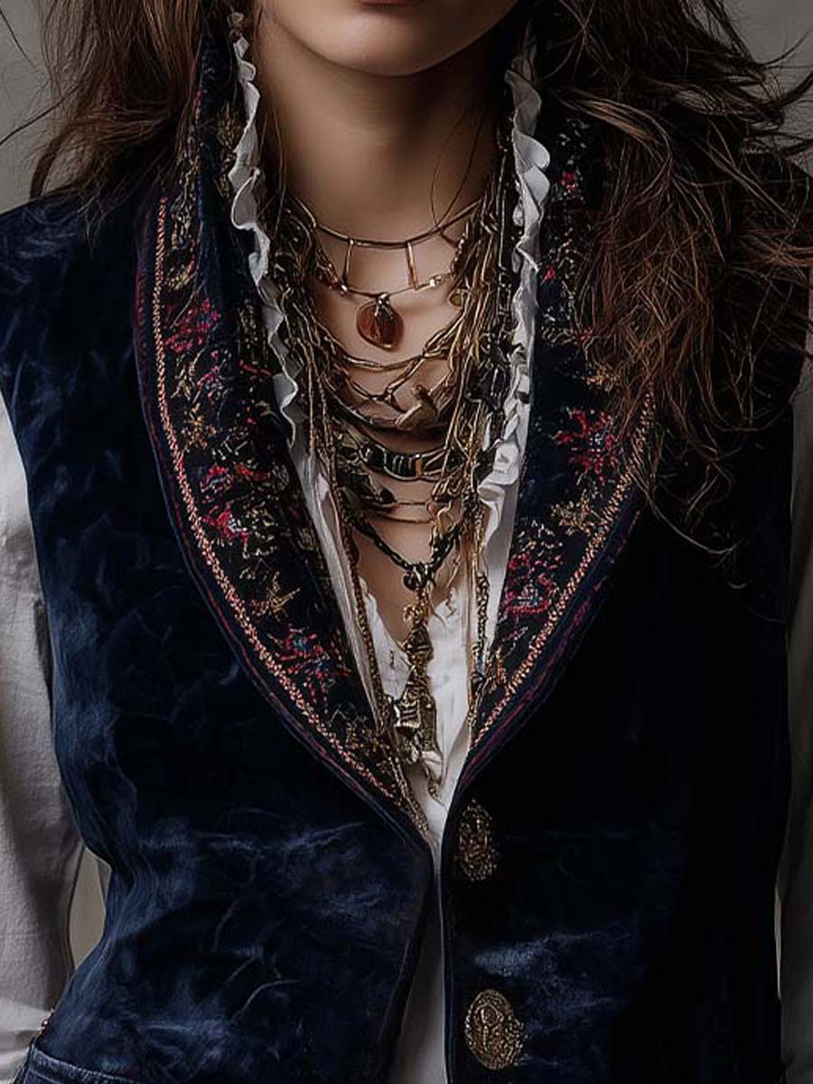 Navy Velvet Embroidered Lapel Vest - Image 2