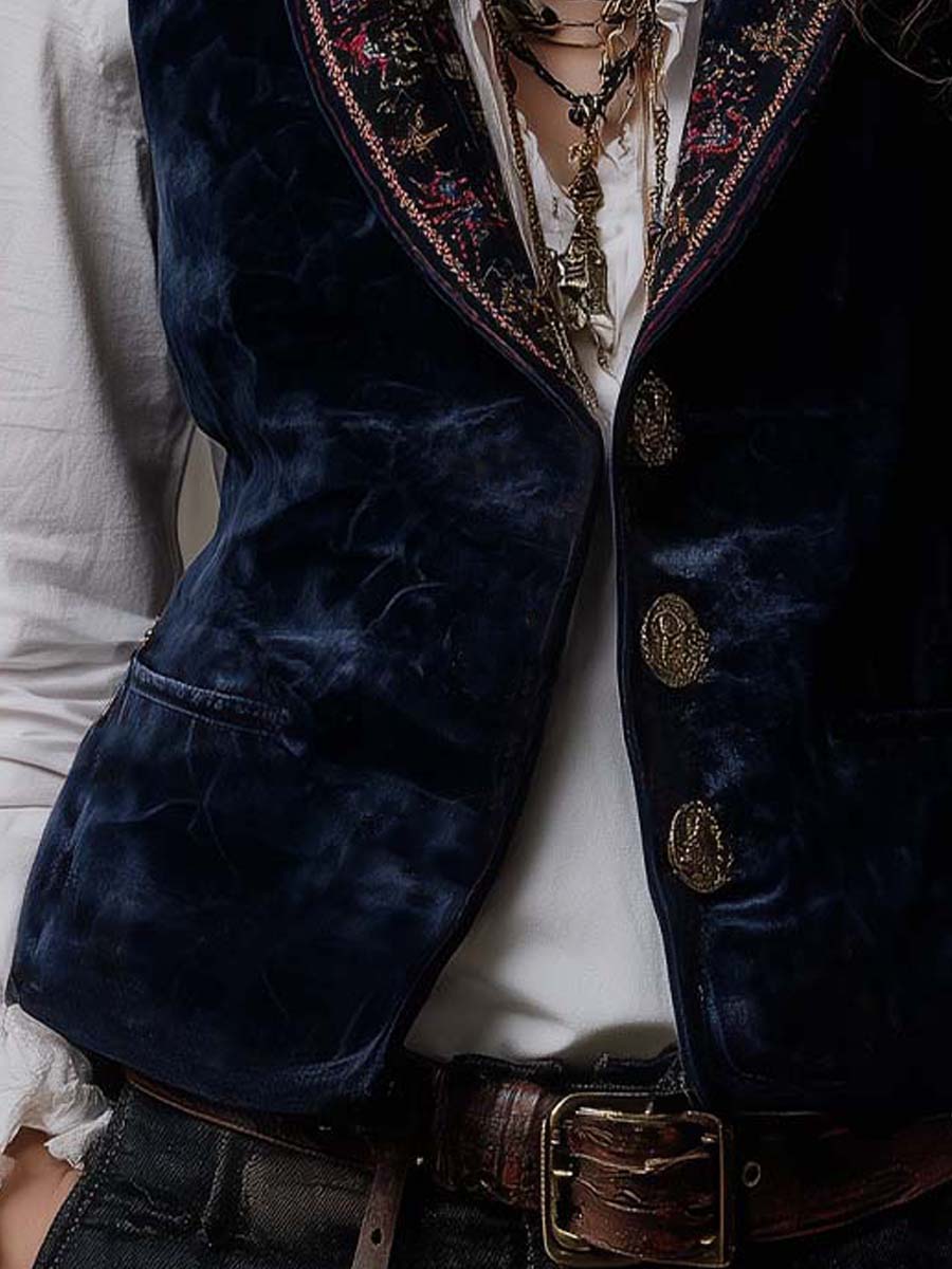 Navy Velvet Embroidered Lapel Vest - Image 3