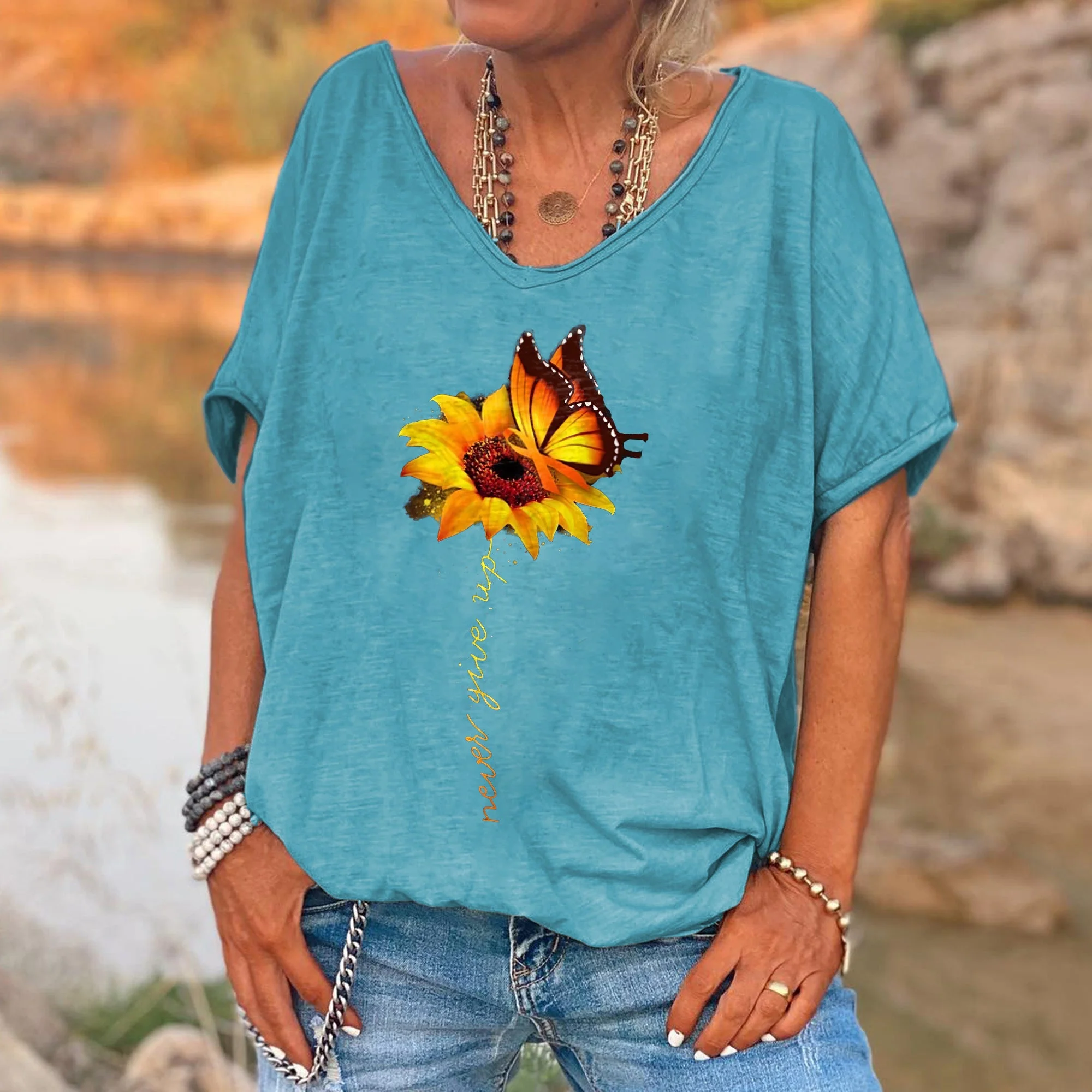Never Give Up Printed Sunflower Women's T-shirt - Image 2