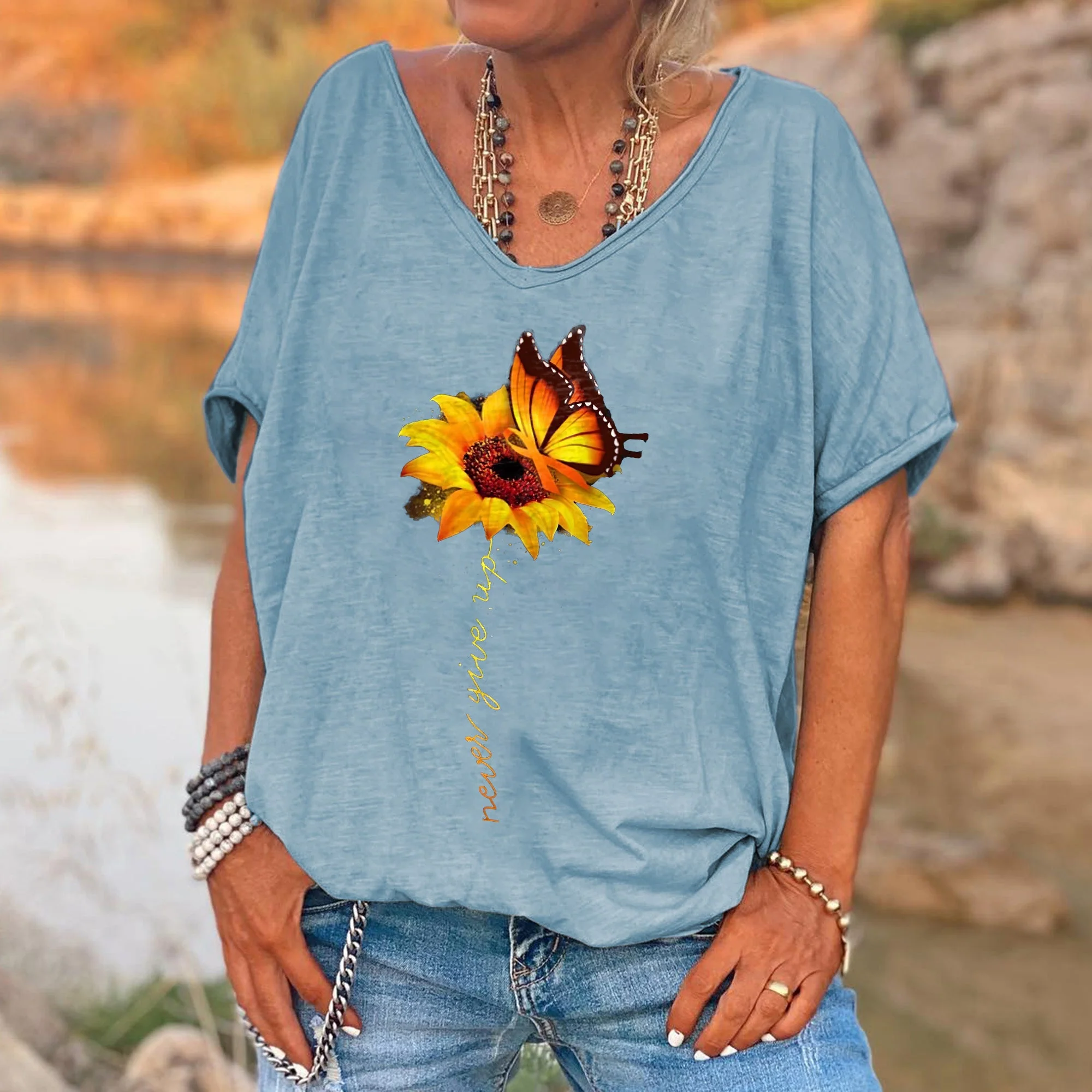 Never Give Up Printed Sunflower Women's T-shirt - Image 6