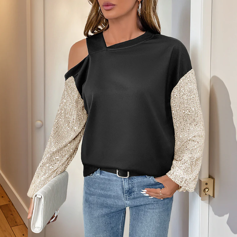 New Long Sleeve Sequined off-Shoulder Multicolor Hoodie Women - Image 4
